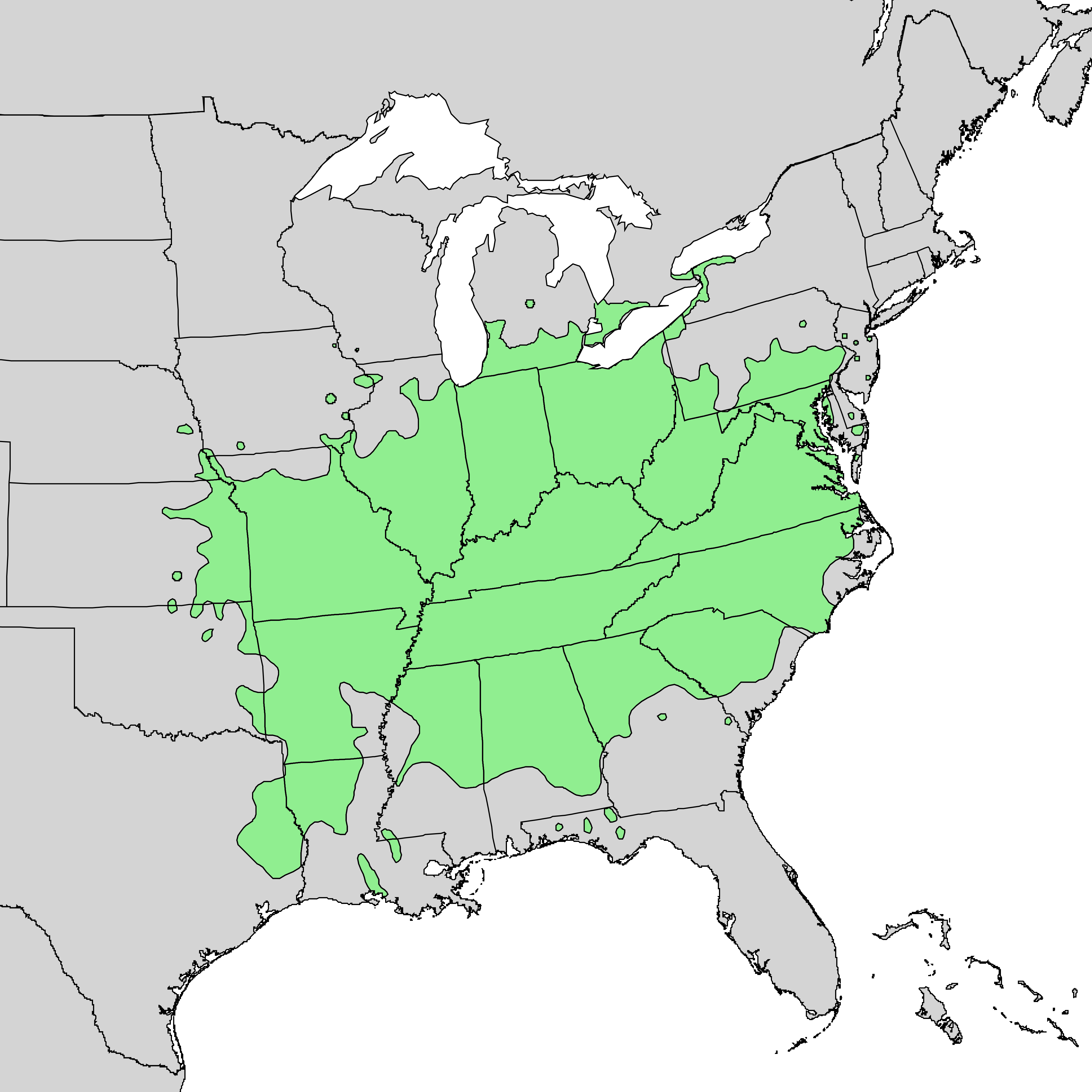 Natural distribution map for Asimina triloba, from "Atlas of United States Trees" by Elbert L. Little, Jr.