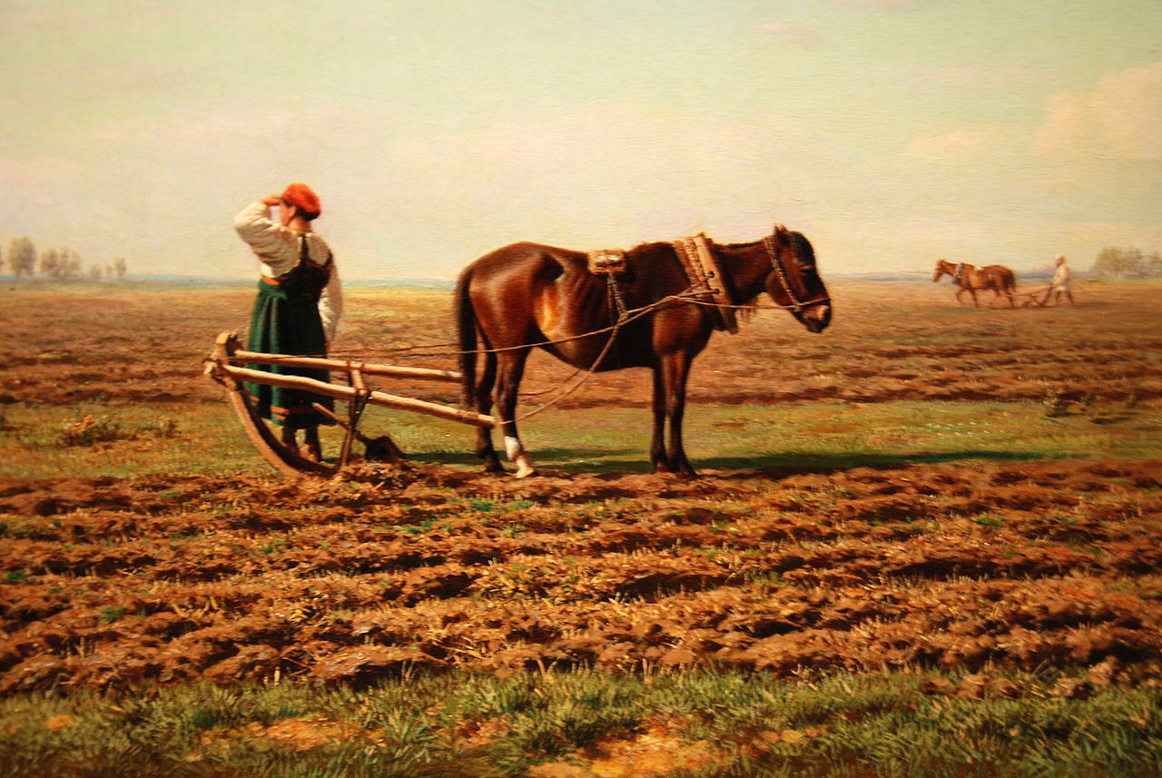 Michial Klodt painting "On the field" from 1871, showing a fork ard plow.