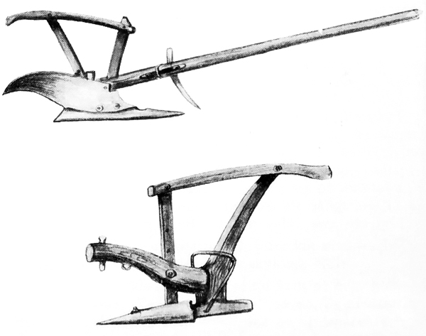 A regular plow (top) and an ard plow (bottom)