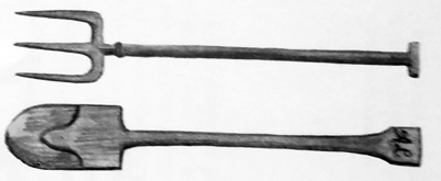 An old pitchfork and spade, as they made them in the 1800's